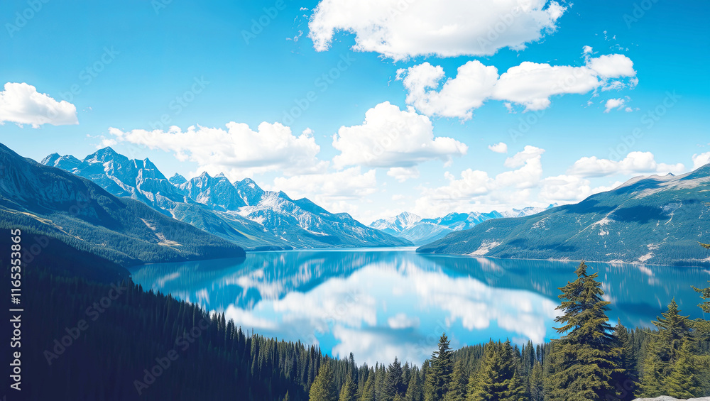 Obraz premium Mountain landscape with lake reflecting the surrounding peaks