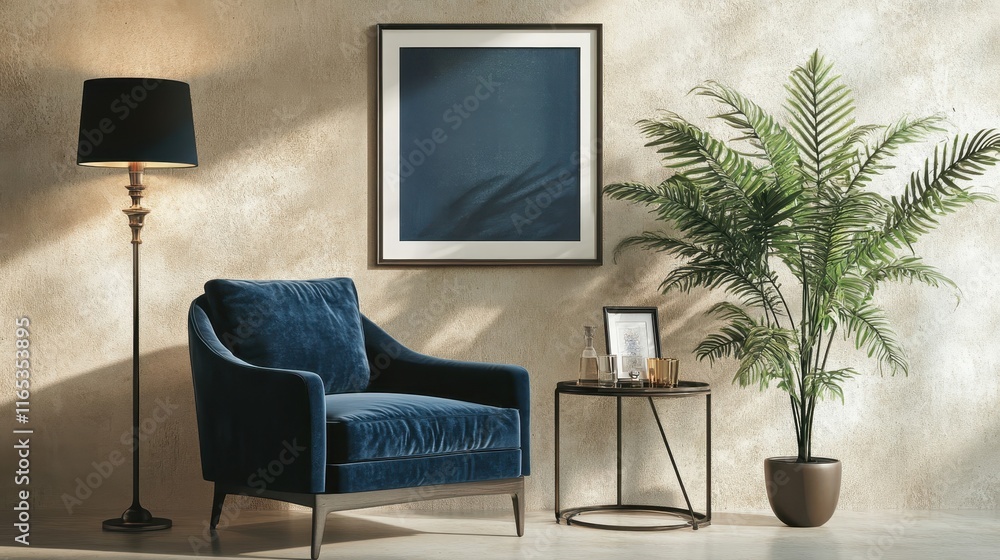 Fototapeta premium Fern plant and soft shadows highlight blank billboard on beige wall