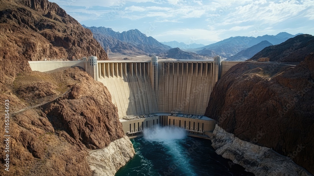 A towering hydroelectric dam set against a rugged mountain landscape, water cascading down A towering hydroelectric dam set against a rugged mountain landscape, water cascading down