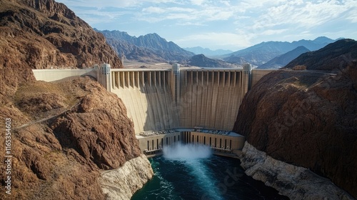 A towering hydroelectric dam set against a rugged mountain landscape, water cascading down