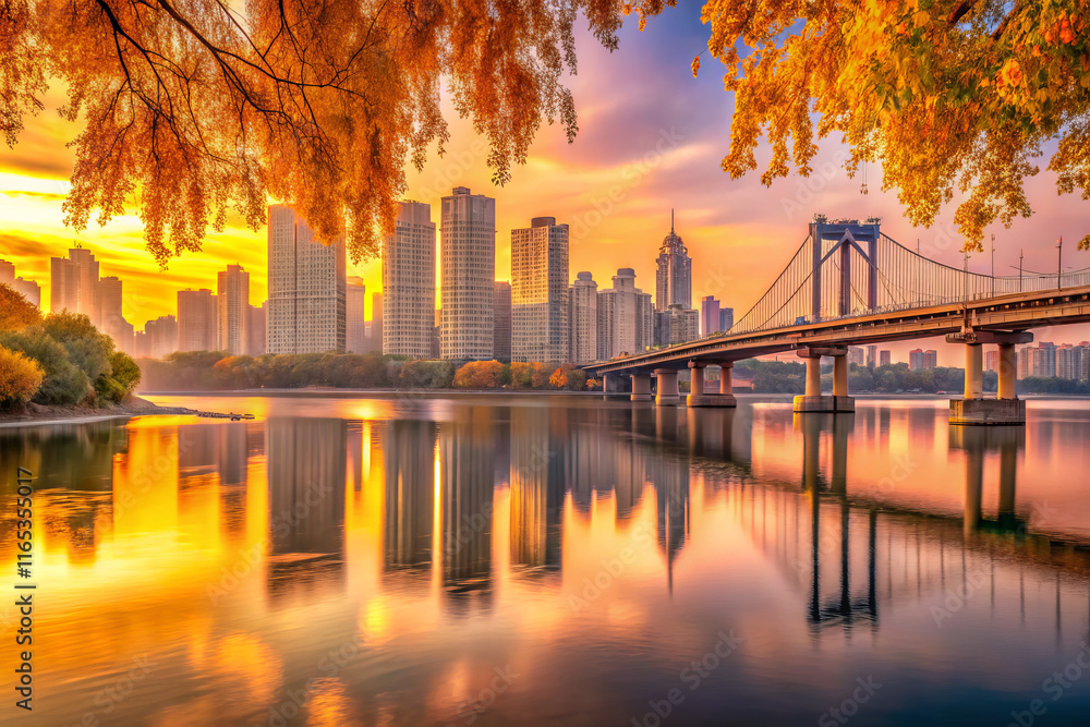 Fototapeta premium stunning cityscape at sunset with vibrant reflections on water