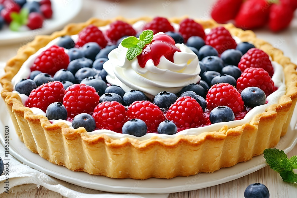 A Beautifully Arranged Fresh Fruit Tart Topped with Vibrant Berries and Elegant Glaze
A Beautifully Arranged Fresh Fruit Tart Topped with Vibrant Berries and Elegant Glaze