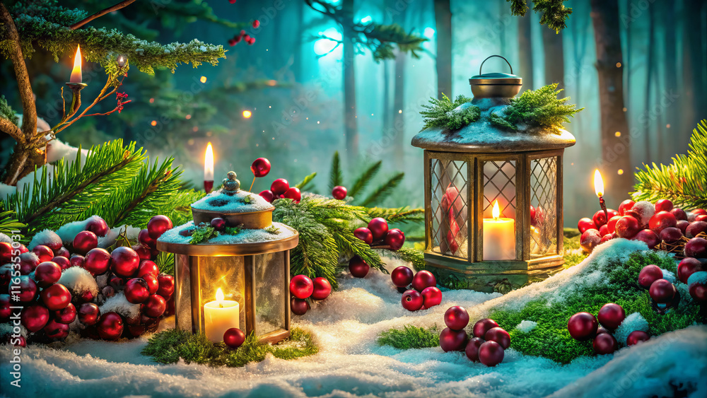 Fototapeta premium serene winter scene with lanterns, candles, and festive decorations