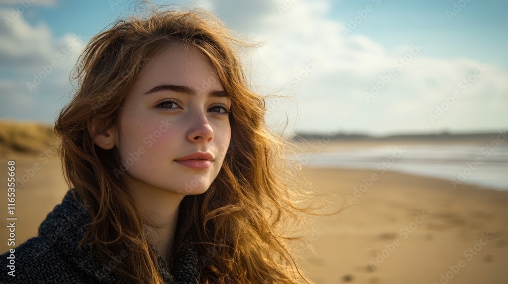 A young woman gazes peacefully at the beach during a sunny day, with soft winds and waves in the background, embodying serenity and beauty. A young woman gazes peacefully at the beach during a sunny day, with soft winds and waves in the background, embodying serenity and beauty.