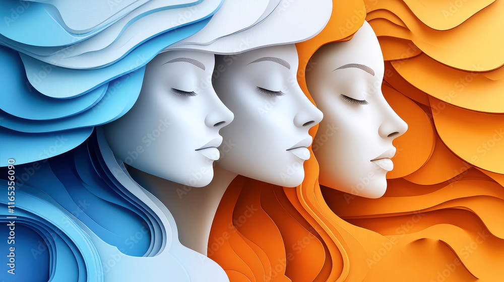 Fototapeta premium Elegant paper cut style illustration featuring three serene female faces in vibrant orange and blue hues