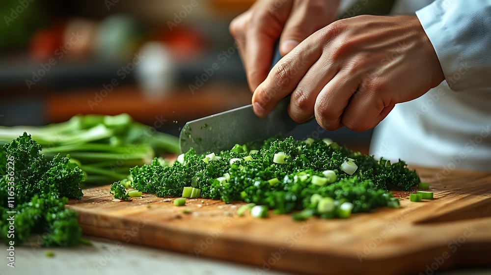 Hands chopping fresh green kale and onions Hands chopping fresh green kale and onions