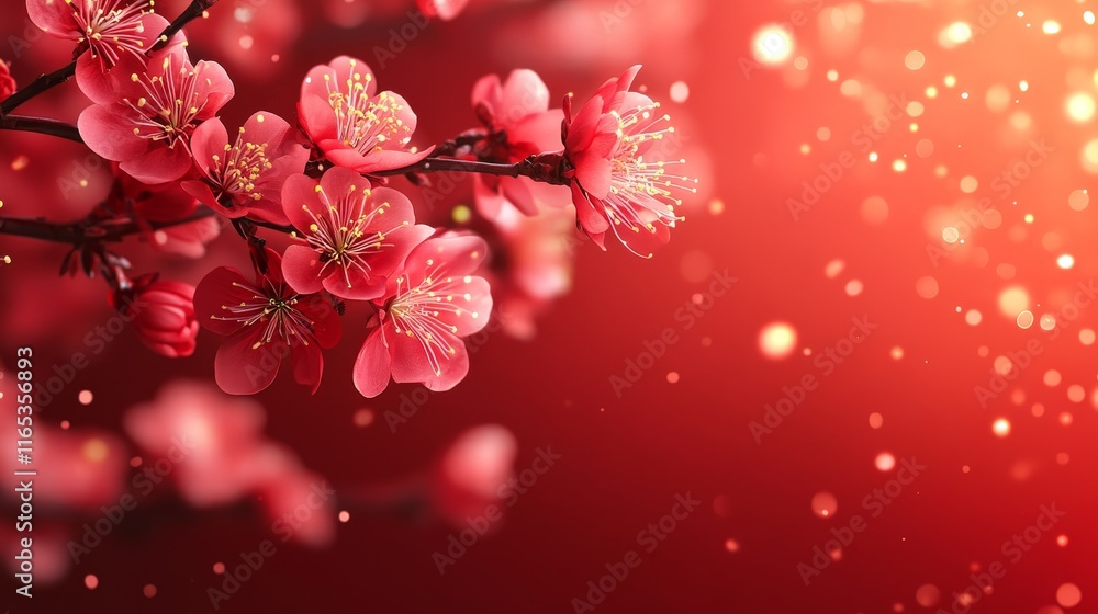 red background with delicate peach blossoms red background with delicate peach blossoms