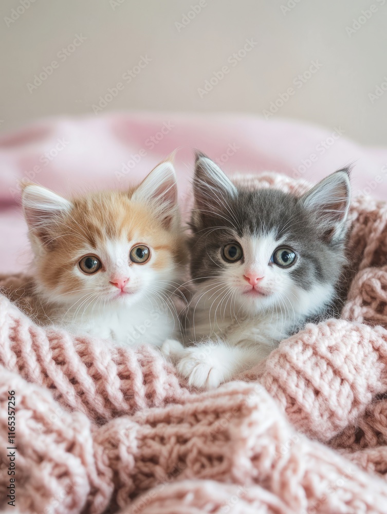 Naklejka premium Two kittens relaxing in pink knitted blanket