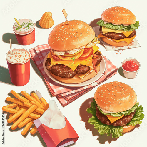 burgers, fries, shakes, fast food, watercolor drawing