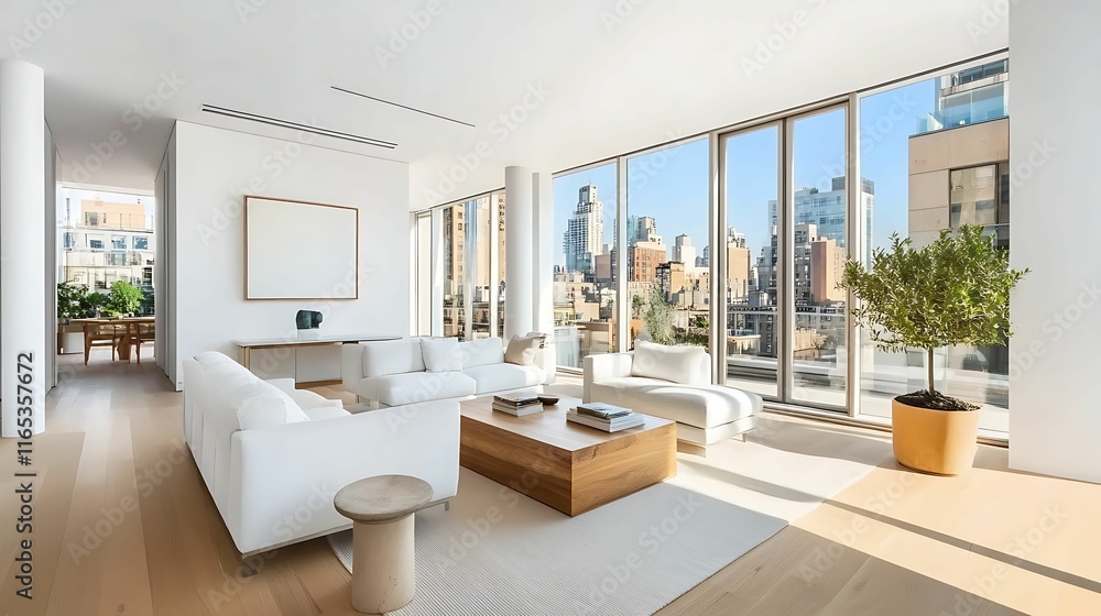 Fototapeta premium A Minimalist living room. A modern, bright living room featuring large windows, stylish furniture, and a city view, creating an inviting and spacious atmosphere.