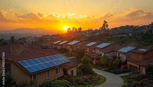 Sunset over a residential urban neighborhood with solar panels on the rooftops, showcasing sustainable living and renewable energy in an urban environment photo