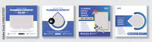 Set of Editable social media posts banner ads template for Plumbing service promotional social media banner layout, social media promo ads bundle, corporate business marketing social media posts 