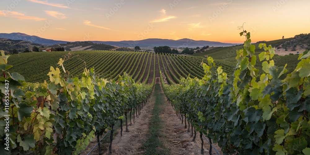 Fototapeta premium Vineyard Rows with Ripe Grapes. A scenic shot of a vast vineyard with rows of vines stretching towards the horizon. 