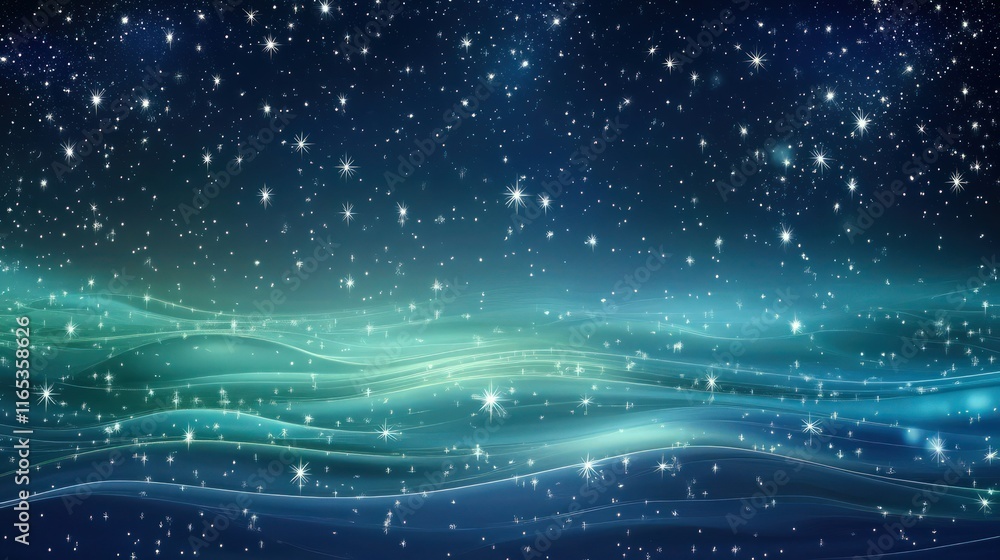 Fototapeta premium A deep midnight blue background with shimmering silver stars twinkling across the scene, set within an infinite space. 