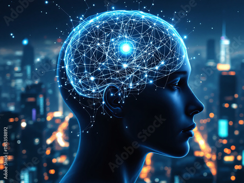 A futuristic, blue-toned image displays a brain with circuit patterns, atop a glowing platform that resembles a city.