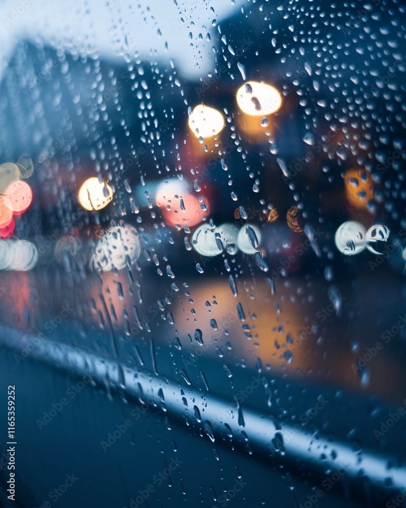 Fototapeta premium Rainy Car Window with Blurred City Lights. A close-up view of a car window covered in raindrops, with blurred city lights in the background.