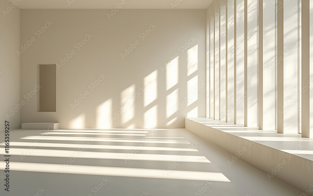 Obraz premium Sunlit minimalist empty room with large windows and alcove.