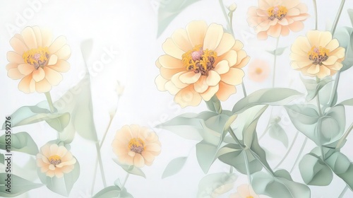 Wallpaper Mural A delicate floral wallpaper with hand-sketched zinnia flowers in pastel yellow and peach tones, surrounded by soft green leaves on a white background. Torontodigital.ca