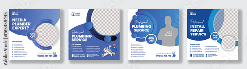 editable Social media posts banner ads template set for Plumbing and maintenance service promotional advertisement layout for website banner ads design, social media promo ads bundle, business digital