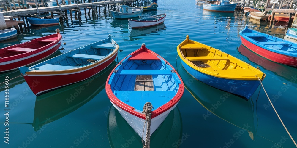 Obraz premium Colorful Fishing Boats Moored in a Peaceful Harbor. A serene harbor scene with vibrant fishing boats reflecting on calm water under a bright blue sky with scattered clouds.