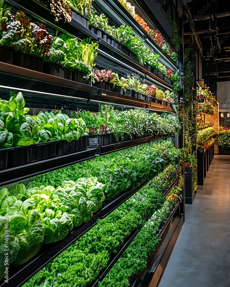 Indoor vertical farm with stacked shelves of vegetables and greens, set in an industrial environment, highlighting the future of urban farming and food production Indoor vertical farm with stacked shelves of vegetables and greens, set in an industrial environment, highlighting the future of urban farming and food production