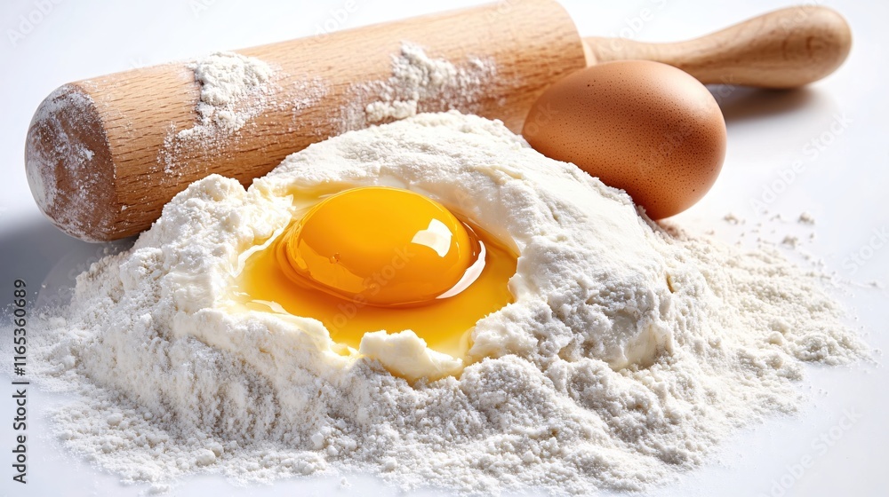 Fresh Egg and Flour with Rolling Pin on White Surface for Baking and Cooking Fresh Egg and Flour with Rolling Pin on White Surface for Baking and Cooking
