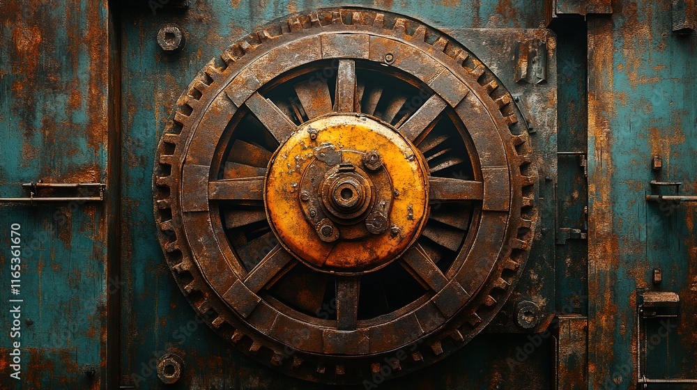 Fototapeta premium Large mechanical fan with exposed gears and rust textures, industrial atmosphere