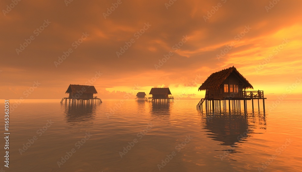 Tranquil Sunset Over Water Bungalows Tranquil Sunset Over Water Bungalows