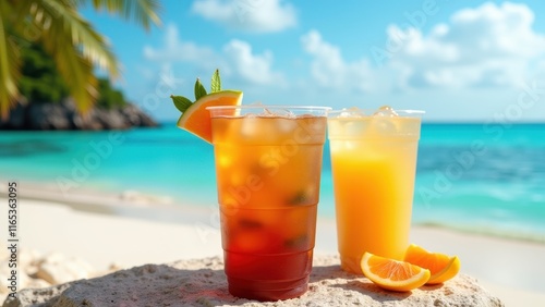 A refreshing sip awaits - a crystal clear cup of iced tea sits on a weathered rock, accompanied by a vibrant orange slice and overlooking a sun-kissed beach backdrop