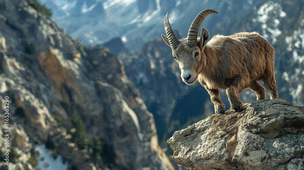 A close-up of a mountain goat balancing on a rocky cliff, the rugged landscape stretching below. A close-up of a mountain goat balancing on a rocky cliff, the rugged landscape stretching below.