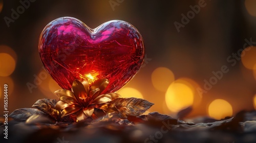 A glowing crimson glass heart with a golden metallic flower and bronze-tinted leaves beneath, on a soft, dark blurred background fading into warm amber tones. photo