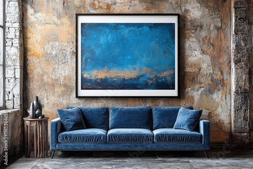 Abstract Blue Gold Artwork Above Velvet Sofa photo