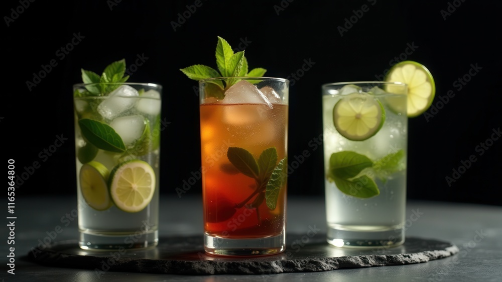 A trio of refreshing glasses, each one unique, sit atop a sleek black stone coaster. On the right, a zesty lime slice adds a pop of color to a glass of iced tea, set against a dramatic black backdrop A trio of refreshing glasses, each one unique, sit atop a sleek black stone coaster. On the right, a zesty lime slice adds a pop of color to a glass of iced tea, set against a dramatic black backdrop