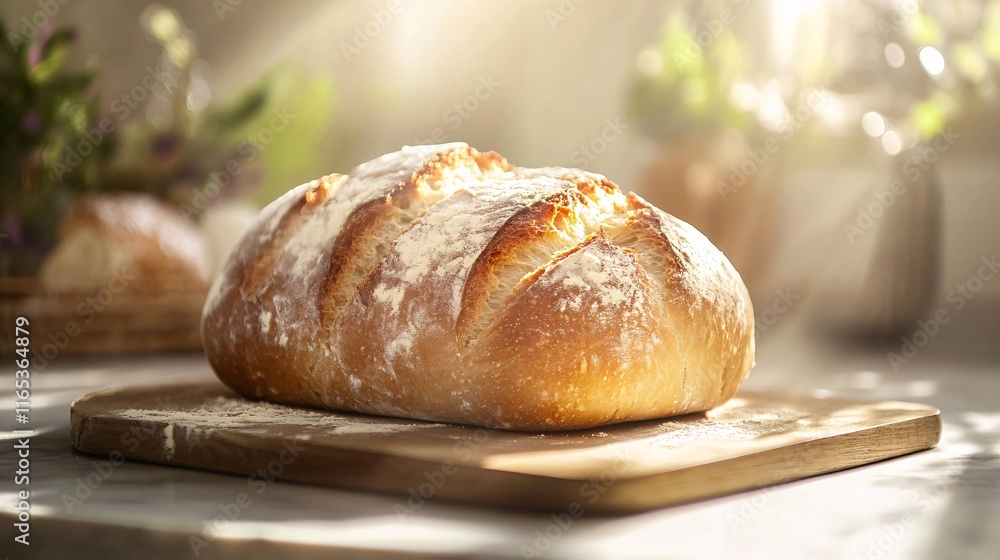 Freshly baked loaf of bread resting on wooden cutting board in sunlit kitchen Freshly baked loaf of bread resting on wooden cutting board in sunlit kitchen