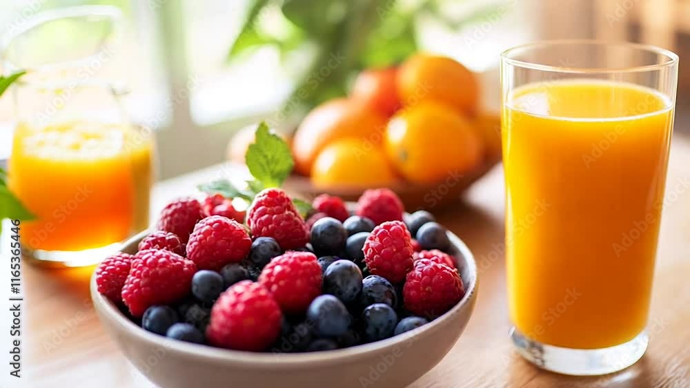 A refreshing breakfast scene featuring a glass of orange juice alongside a bowl of ripe raspberries, blueberries, and blackberries. Perfect for promoting healthy eating and vibrant lifestyles A refreshing breakfast scene featuring a glass of orange juice alongside a bowl of ripe raspberries, blueberries, and blackberries. Perfect for promoting healthy eating and vibrant lifestyles