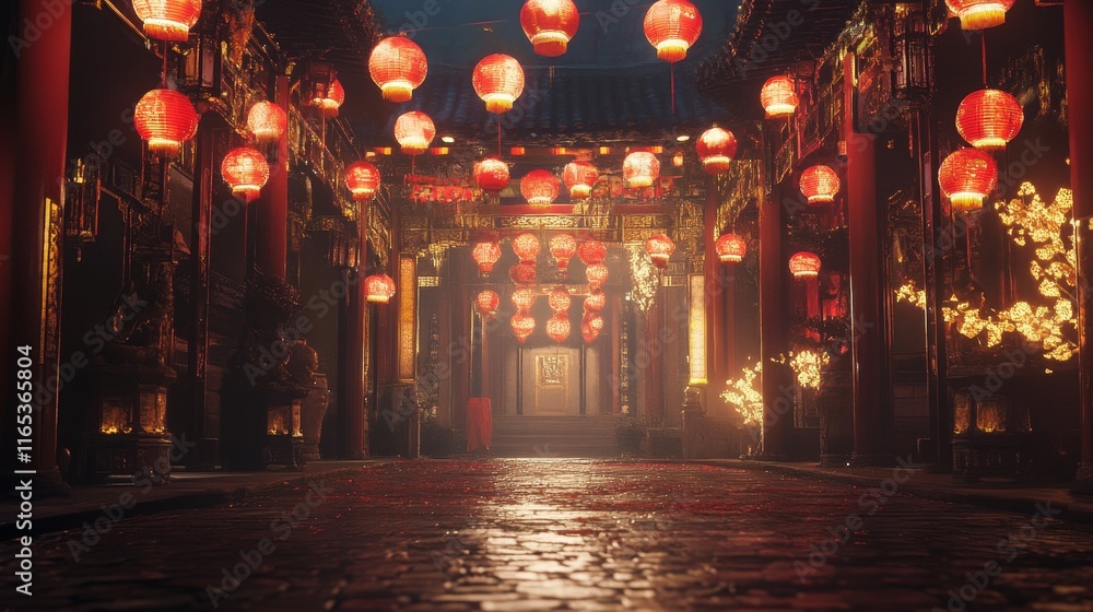Obraz premium Enchanted Night in Chinatown: Red Lanterns Illuminate Ancient Street