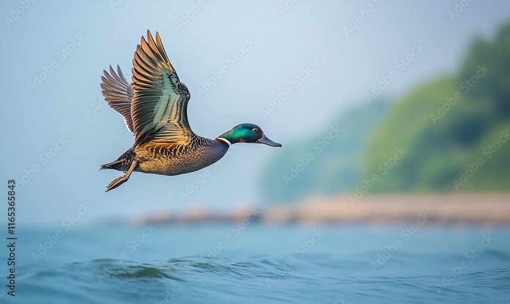 Obraz premium Male duck in flight over water.