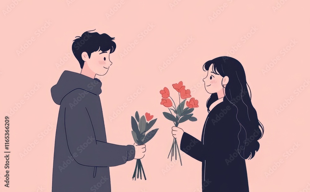 Heartwarming Illustration of a Young Couple Exchanging Flowers Against a Gentle Pink Background Heartwarming Illustration of a Young Couple Exchanging Flowers Against a Gentle Pink Background