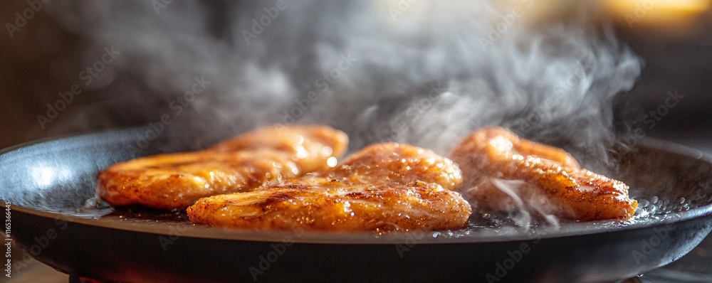 Chicken breasts sizzling in a hot pan, releasing fragrant steam Chicken breasts sizzling in a hot pan, releasing fragrant steam