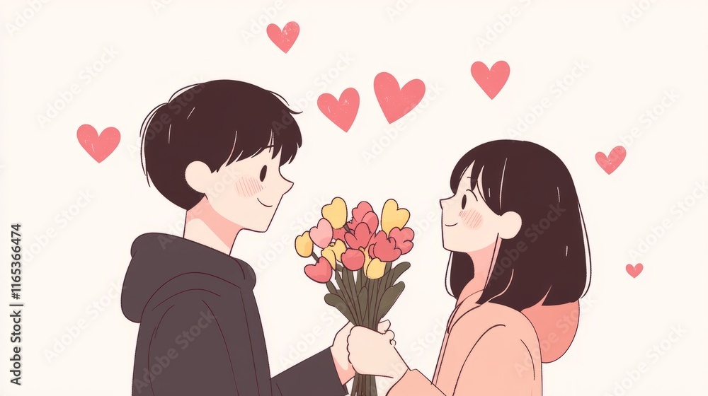 Romantic Exchange of Flowers Between Two Young People Surrounded by Hearts and Affection Romantic Exchange of Flowers Between Two Young People Surrounded by Hearts and Affection
