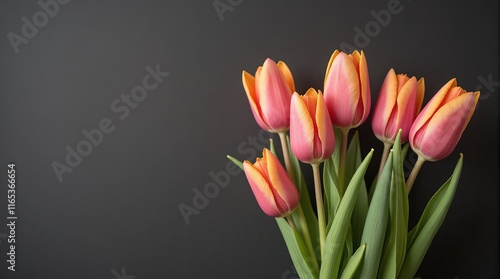 Pink and Orange Tulips on Dark Background