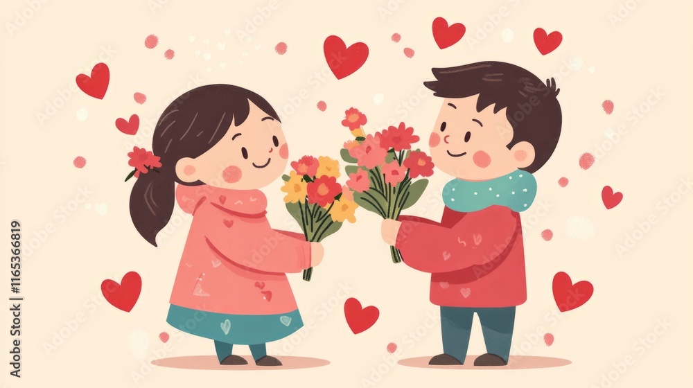 A Joyful Celebration of Love and Friendship with Colorful Flowers and Hearts A Joyful Celebration of Love and Friendship with Colorful Flowers and Hearts