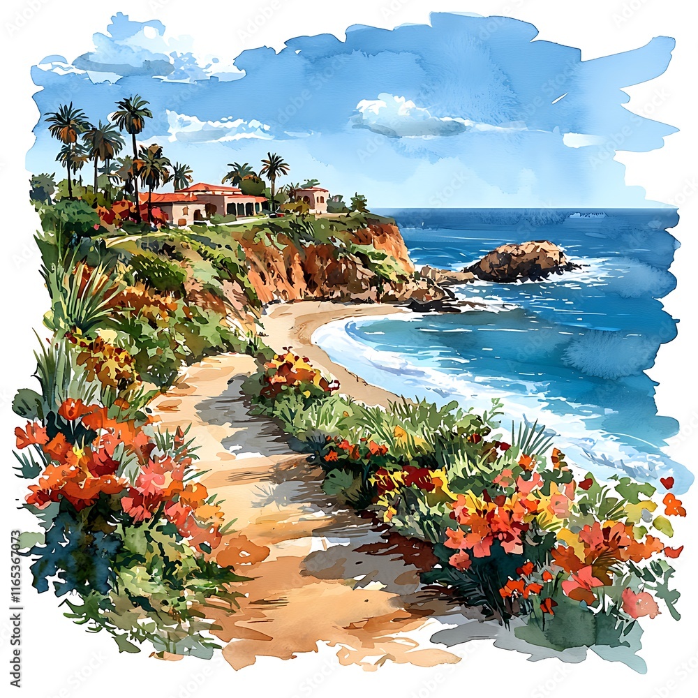 Naklejka premium Watercolor Painting of a Coastal California Villa with Palm Trees and Ocean View.