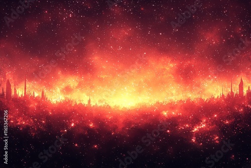 Fiery Cityscape Beneath a Starry Crimson Sky photo