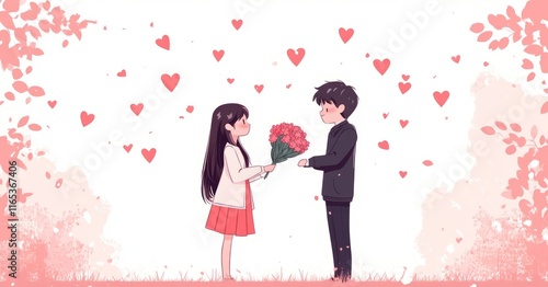 Wallpaper Mural A Heartfelt Exchange of Love: A Cute Illustration of a Boy Giving Flowers to a Girl Surrounded by Hearts Torontodigital.ca