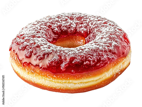 A delicious donut topped with a vibrant cherry glaze and sprinkled with powdered sugar, isolated over transparent background, PNG cut-out
