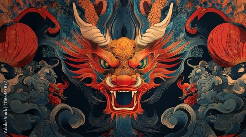 Wallpaper Mural A vibrant and detailed depiction of a mythical Chinese dragon, its scales shimmering with fiery hues against a backdrop of swirling clouds and lanterns. Torontodigital.ca