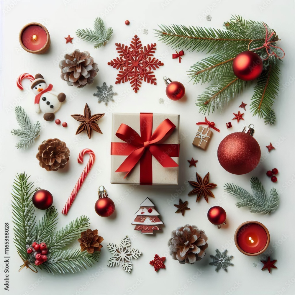 Christmas ornaments and decorations on a white table surrounded by festive gifts and pine branches in a cozy holiday setting Christmas ornaments and decorations on a white table surrounded by festive gifts and pine branches in a cozy holiday setting