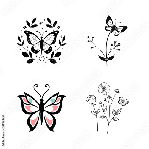 The butterfly is enclosed by flowers and branches.