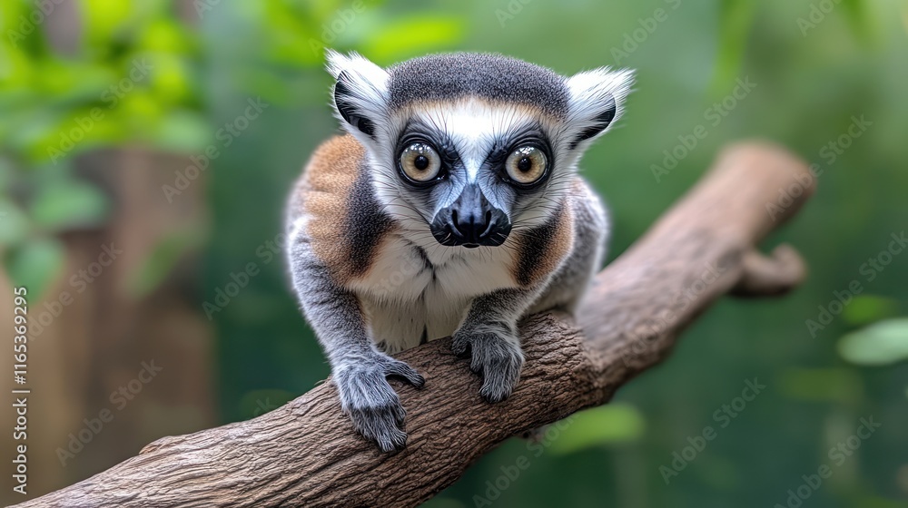A close-up of a lemur perched on a branch in a natural setting. A close-up of a lemur perched on a branch in a natural setting.